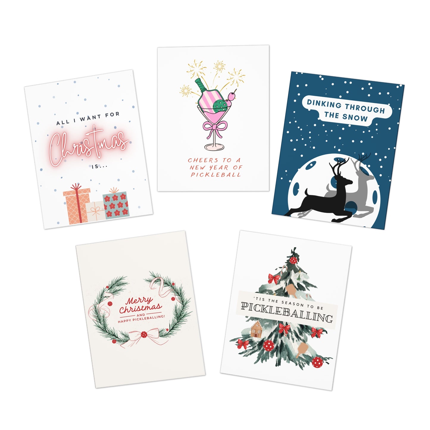 Happy Holidays Pickleball Greeting Cards Bundle Set (Pack of 5)