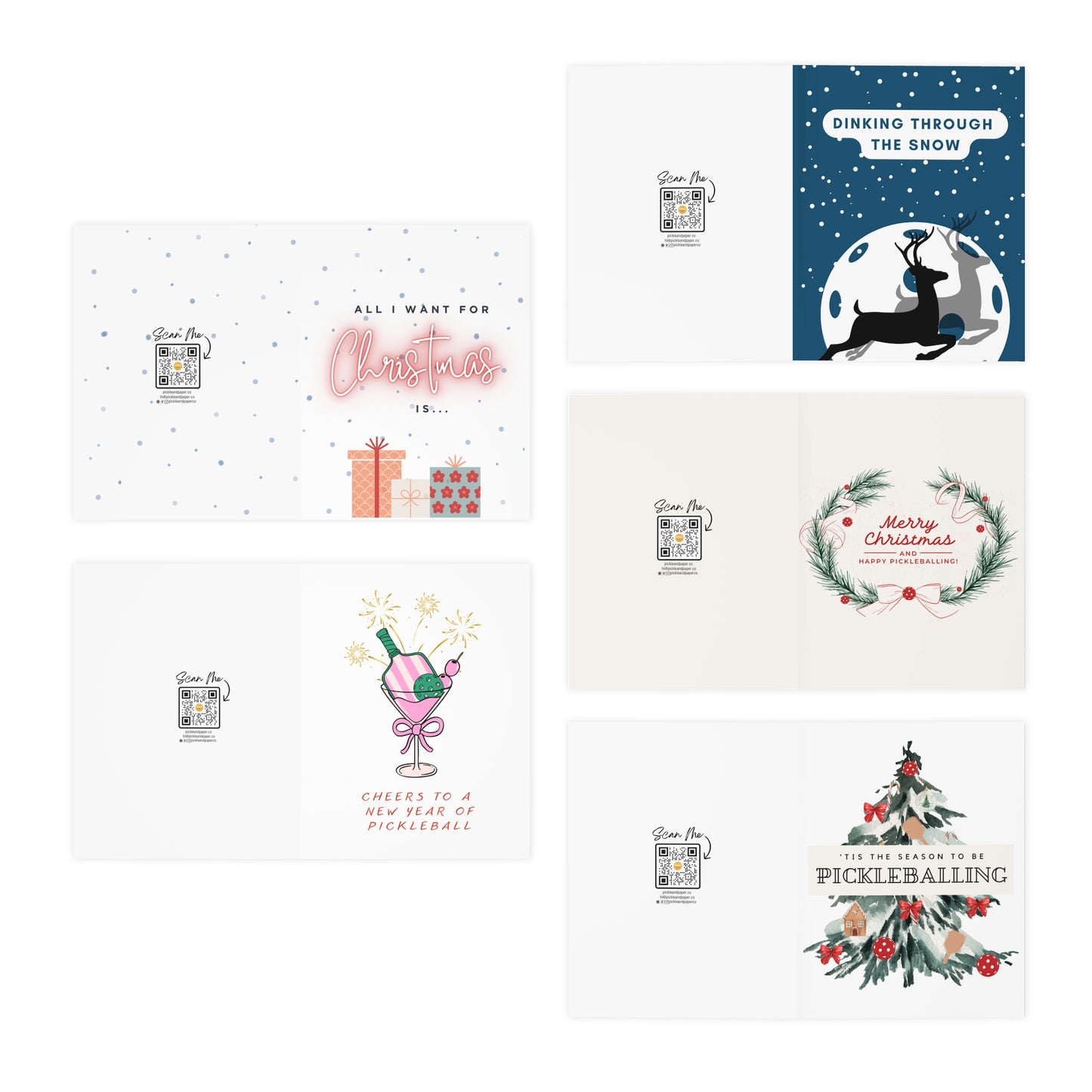 Happy Holidays Pickleball Greeting Cards Bundle Set (Pack of 5)