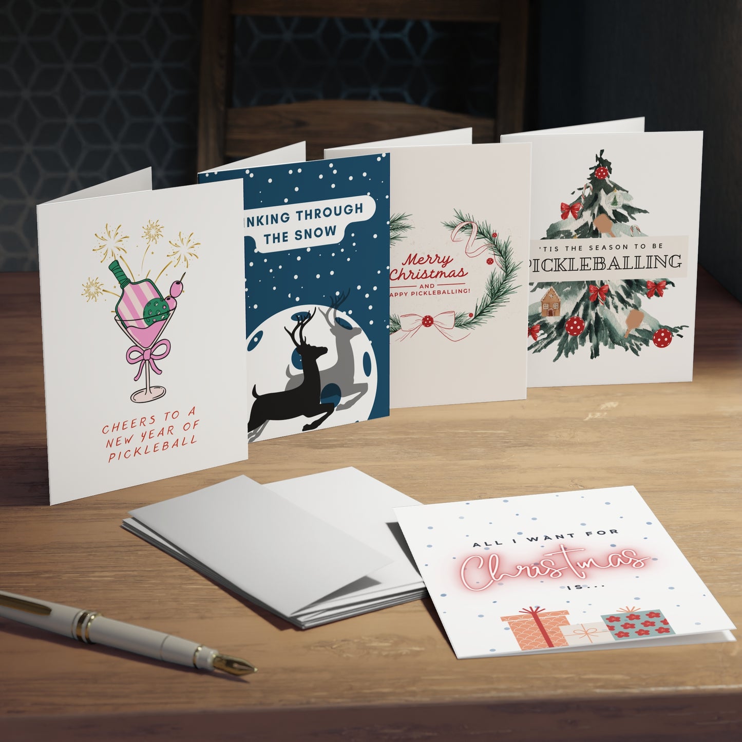 Happy Holidays Pickleball Greeting Cards Bundle Set (Pack of 5)