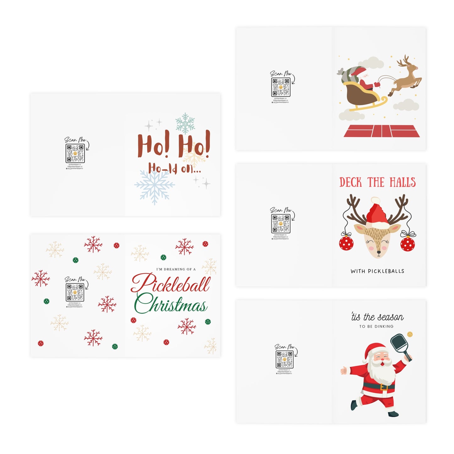 Merry Christmas Pickleball Greeting Cards Bundle Set (Pack of 5)