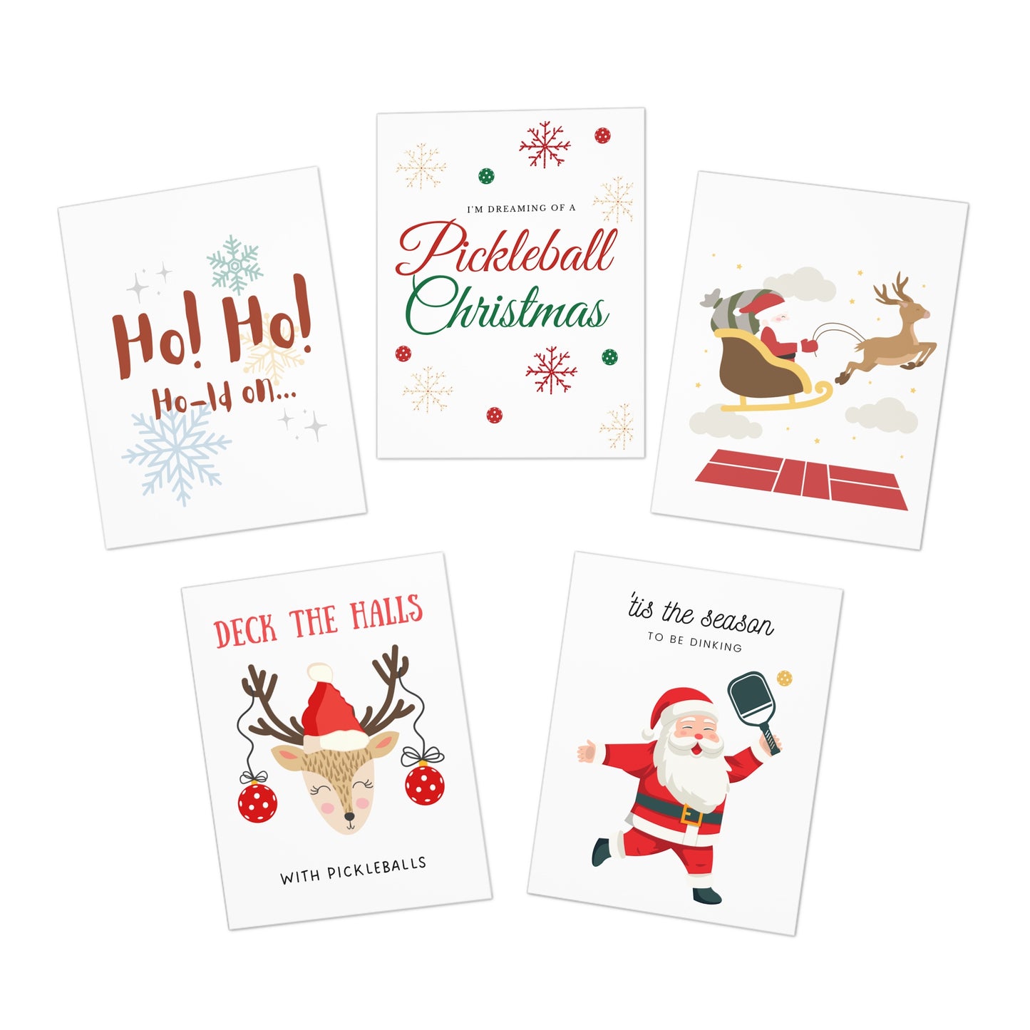 Merry Christmas Pickleball Greeting Cards Bundle Set (Pack of 5)