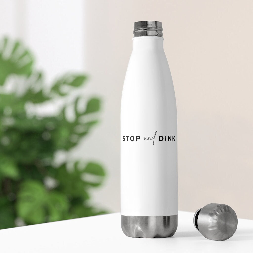 Stop and Dink Pickleball Water Bottle | White 20oz Insulated Sports Water Bottle | Best Pickleball Gifts