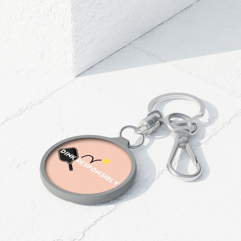 Dink Responsibly Pickleball Keychain | Pastel Pink Light Peach Round Keyring Tag for Keys | Best Pickleball Gifts