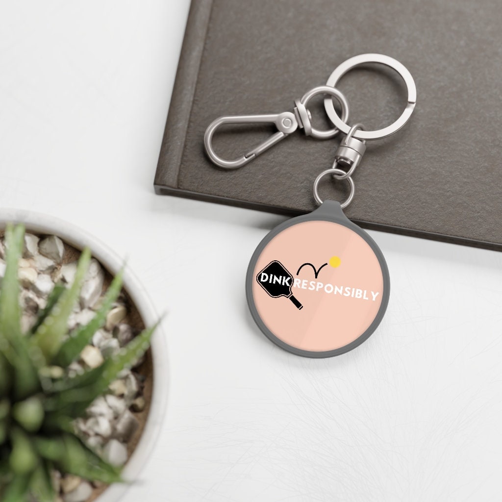 Dink Responsibly Pickleball Keychain | Pastel Pink Light Peach Round Keyring Tag for Keys | Best Pickleball Gifts