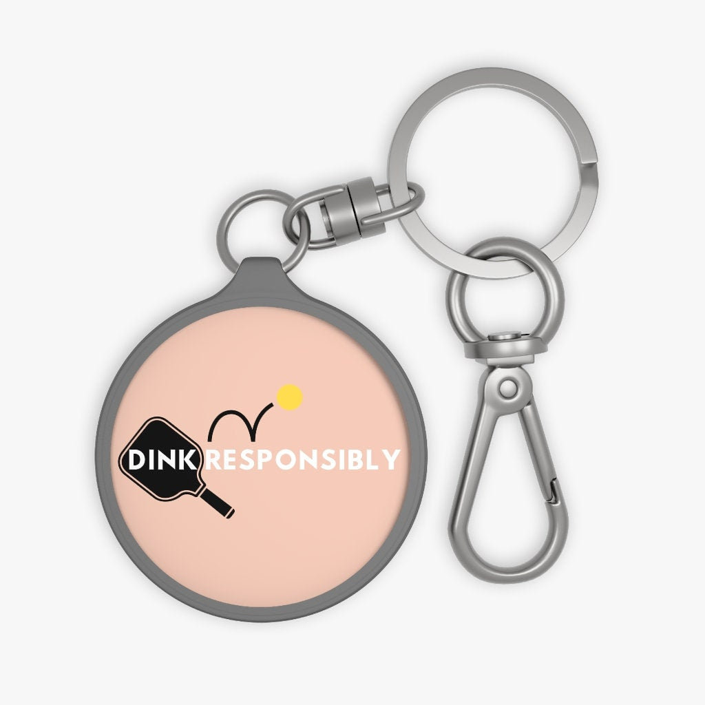 Dink Responsibly Pickleball Keychain | Pastel Pink Light Peach Round Keyring Tag for Keys | Best Pickleball Gifts