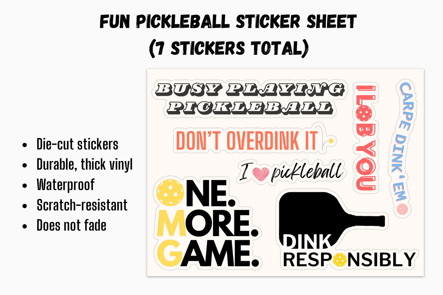 Pickleball Sticker Sheet (8" x 6", Total of 7 Die-Cut Stickers)